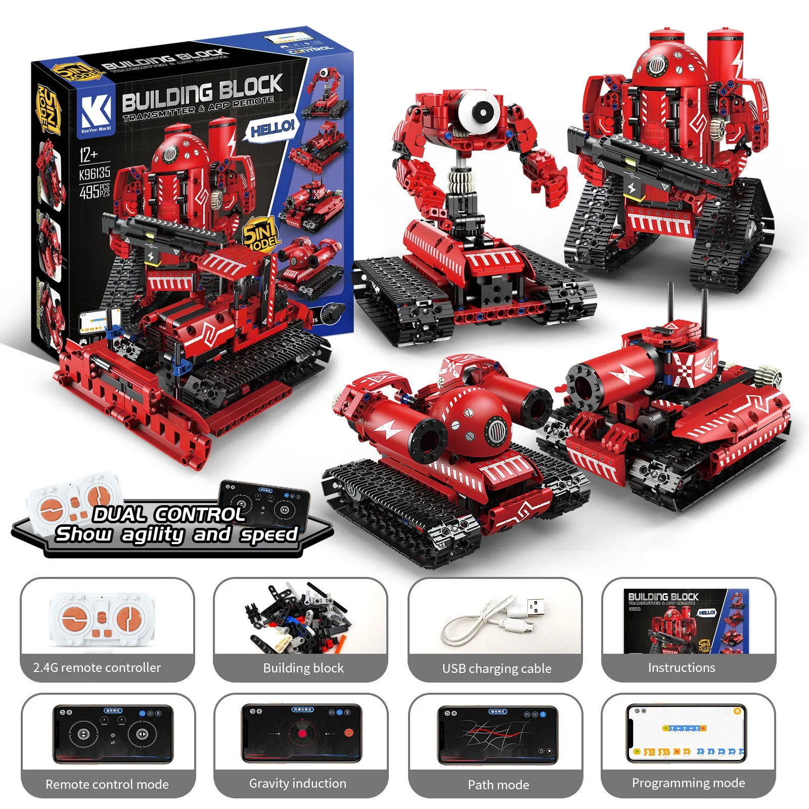 5 in 1 STEM Technical Idea Remote Control Deformed Robot Car Building Blocks City APP RC Vehicle Tank Bricks Toys For Kids Gifts - Image 5