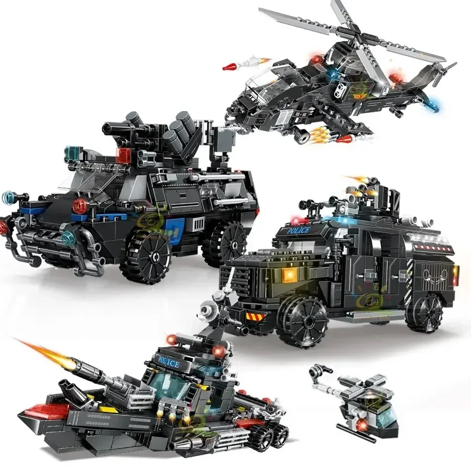 4in1 Swat Police Series Building Blocks with Policeman Bricks Truck Ship Car City Construction Toys for Children